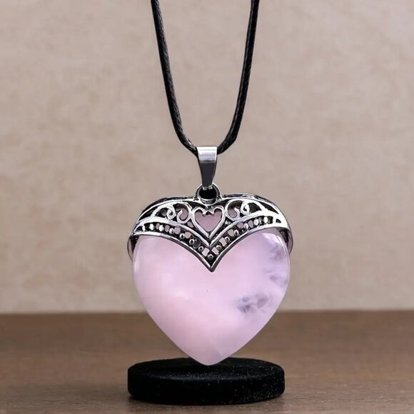 Silver and Pink Rose Quartz Necklace with Intricate Filigree - Picture 3 of 3